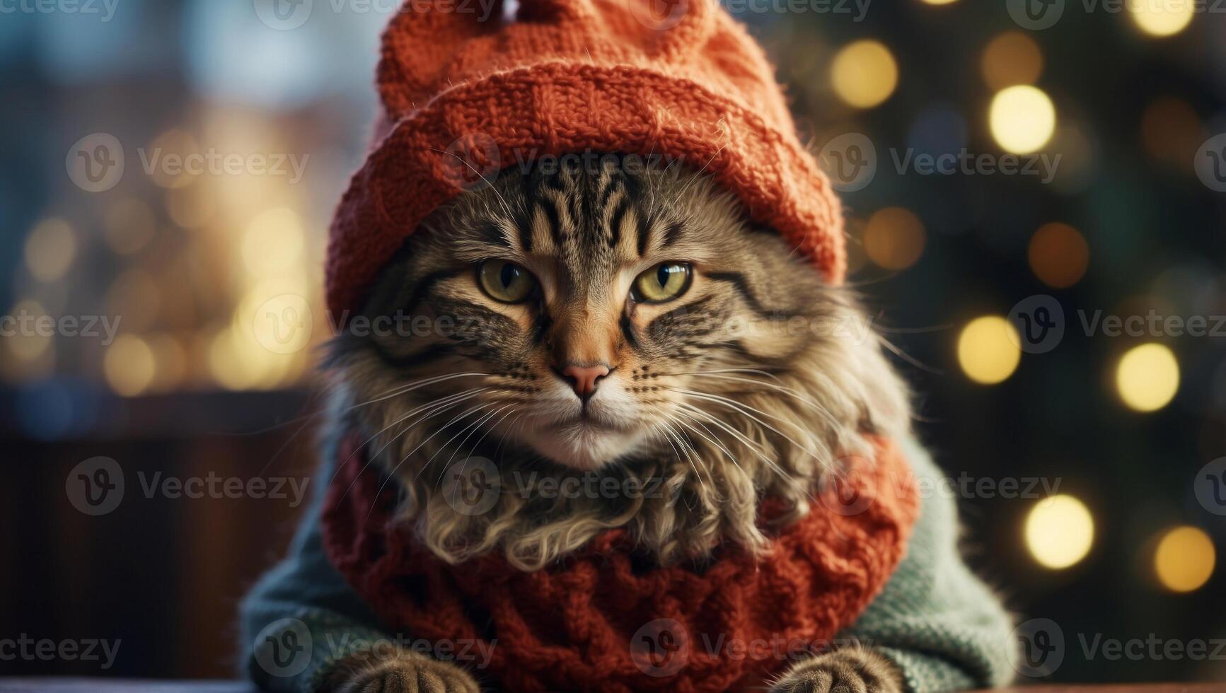 Delightful cat in charming knitted hat and sweater ensemble, a whimsical and cute sight. photo