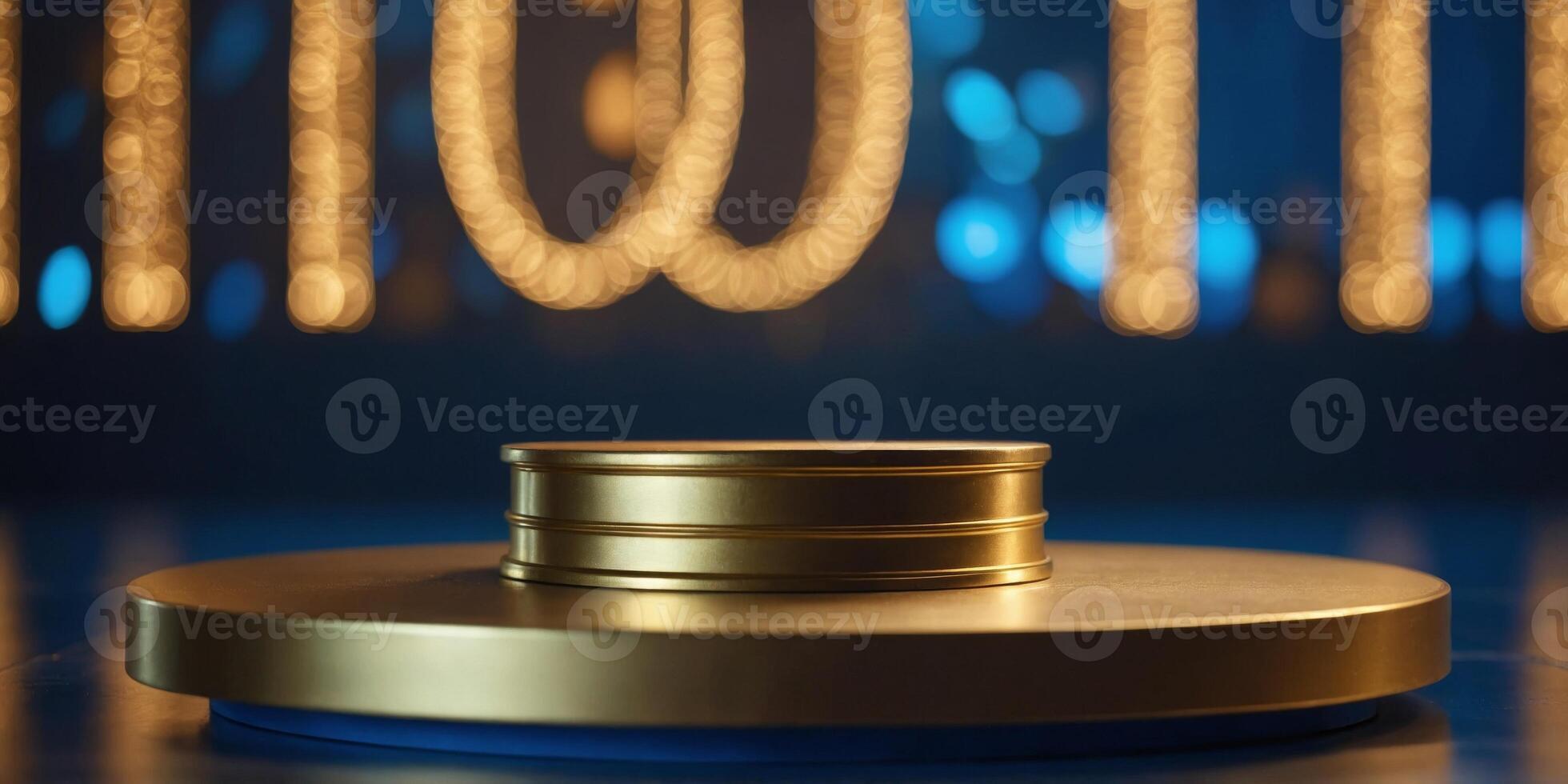 Empty golden podium on a blue background illuminated by soft bokeh lights, creating a serene and prestigious display or event backdrop. photo