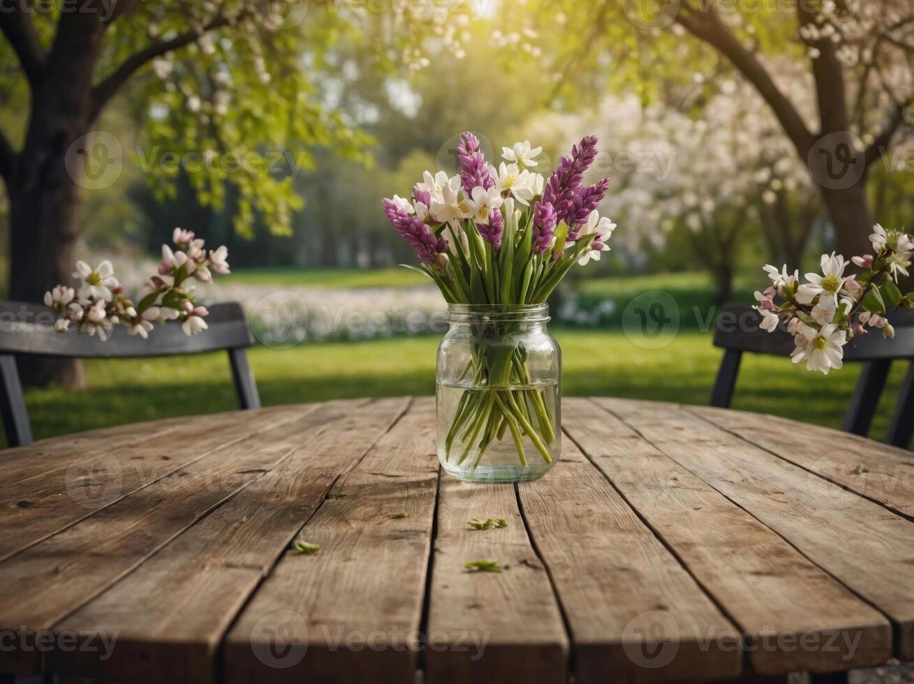 Empty table background with spring theme in background. photo