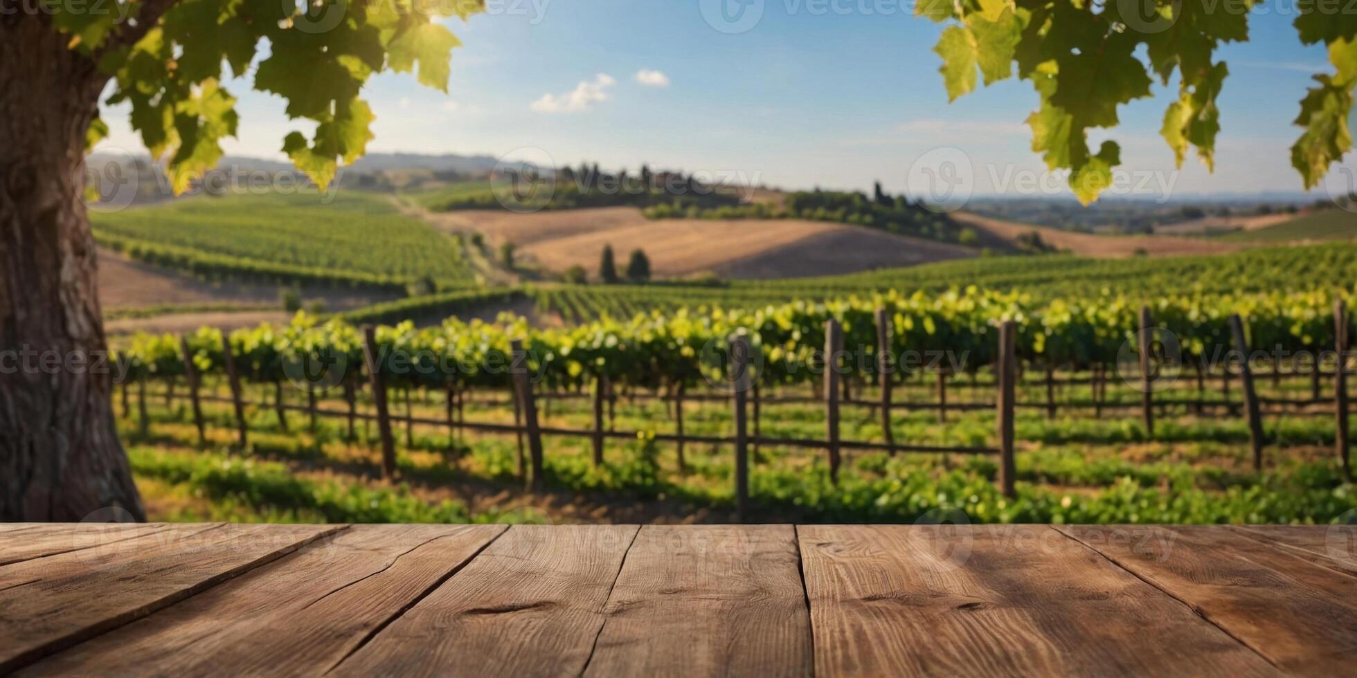 Empty wood table top with on blurred vineyard landscape background, for display or montage your products. photo