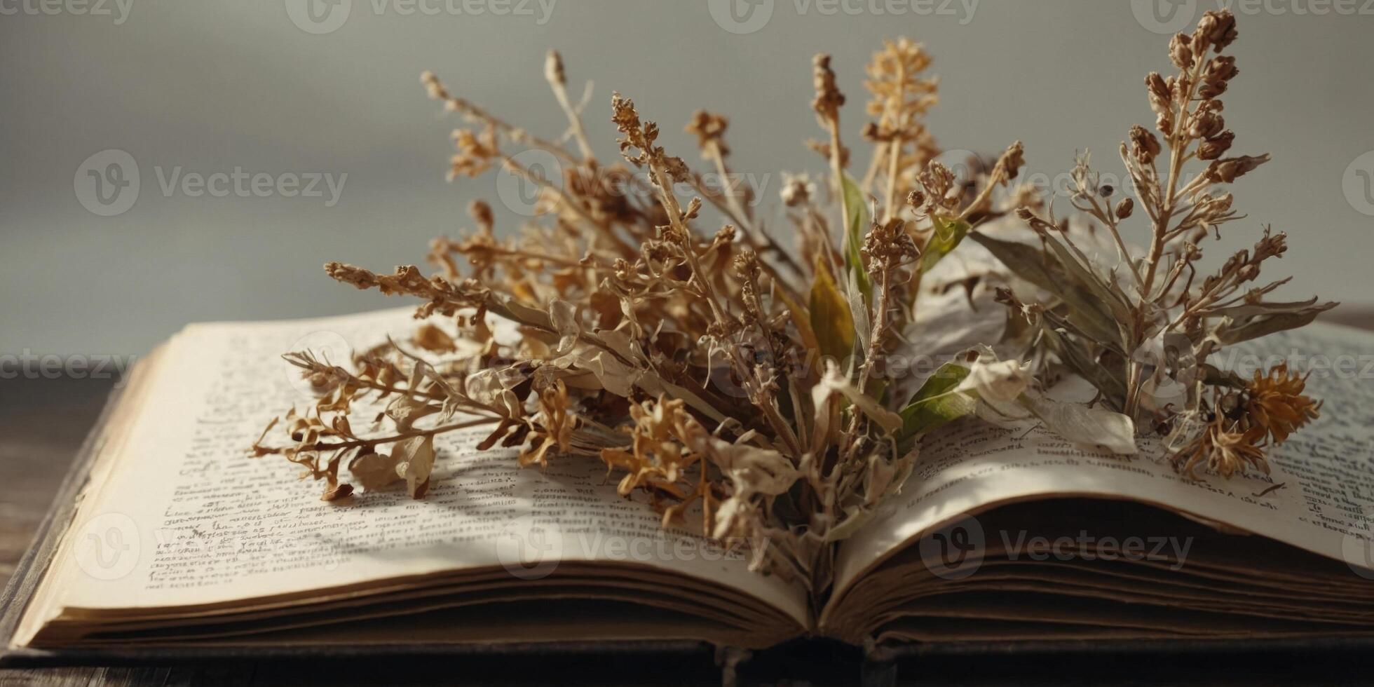 Dry plants on the book A book with a herbarium and description. photo