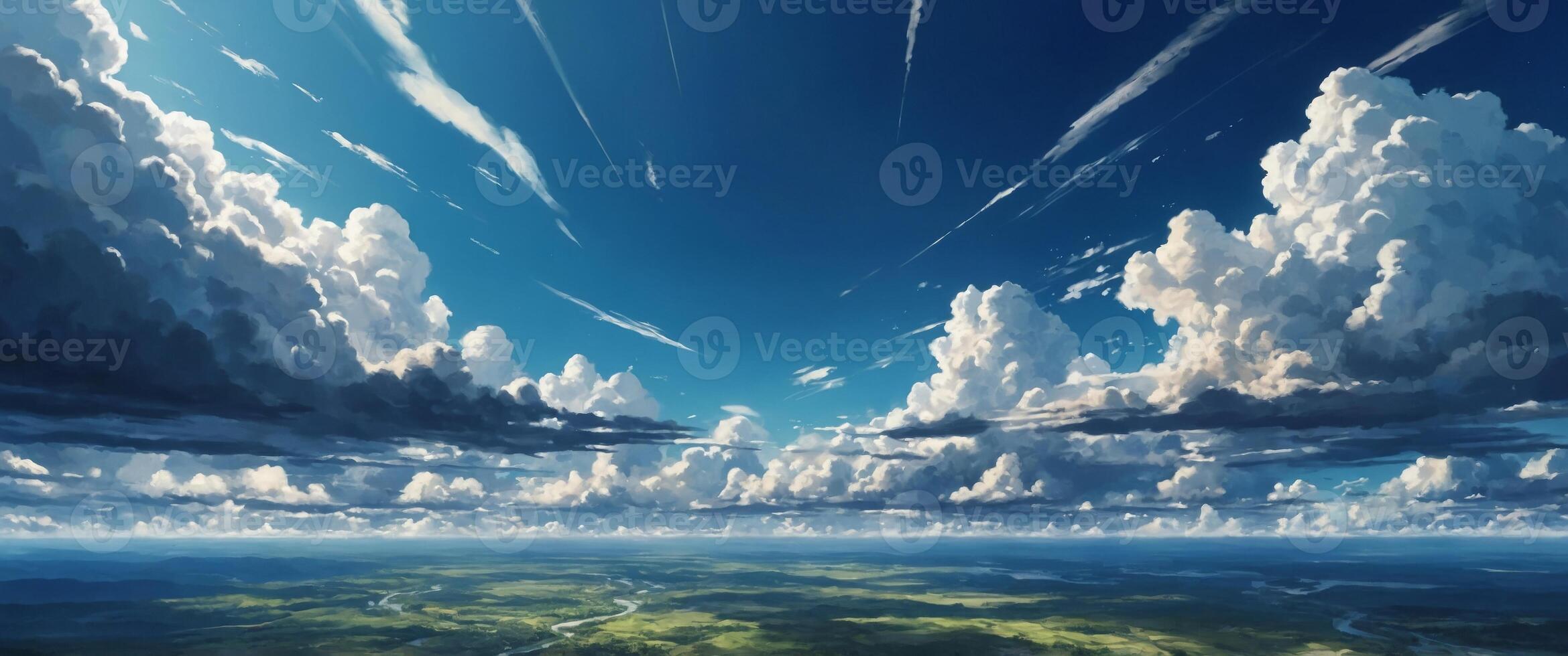 Expansive anime-style sky with dynamic, fluffy clouds and streams of sunlight, in shades of deep blue and white. photo