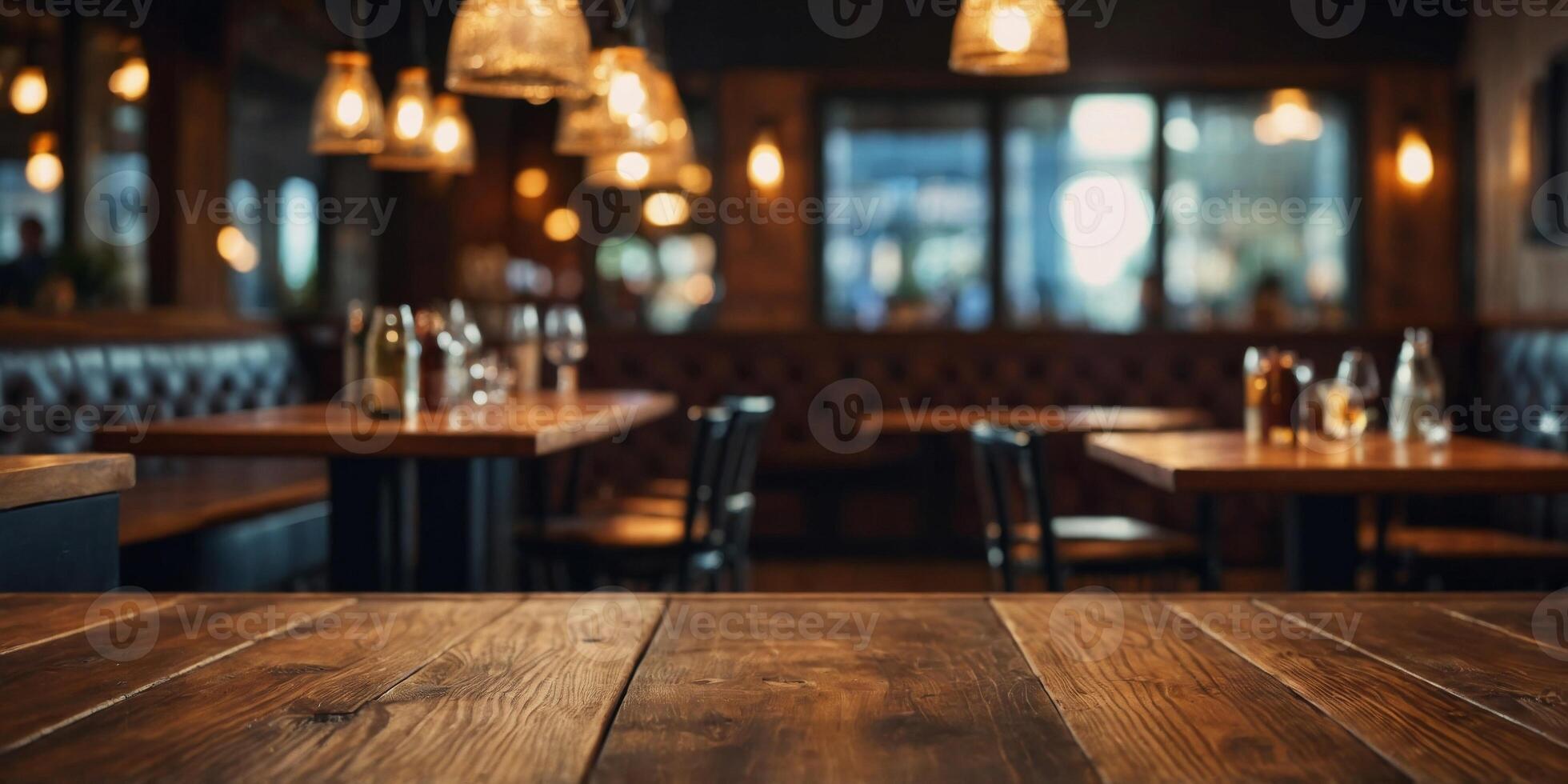 Empty Wooden Table on Blurred Restaurant Background - Top Table View with Copy Space. photo