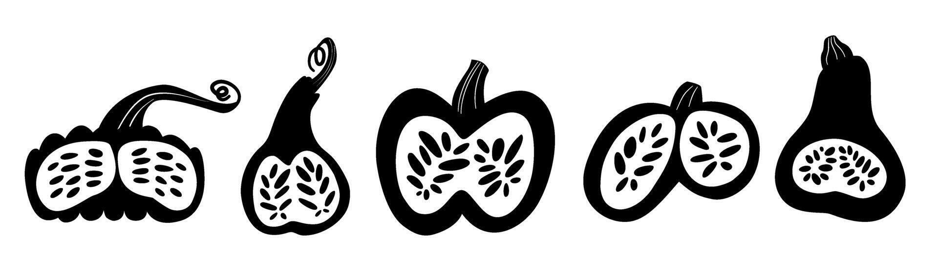 A set of black white pumpkins. Isolated silhouette half pumpkins. vector