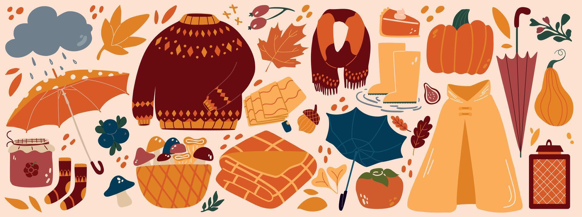 Set of autumn elements. Fall season collection. Pumpkin, rain and umbrella, raincoat and wellies. vector