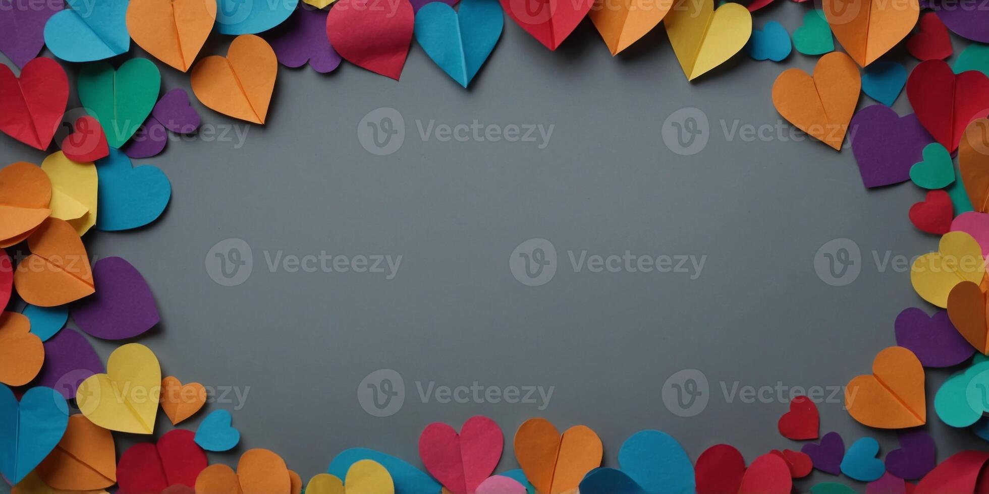 Frame made of colorful paper hearts on grey background LGBT concept. photo