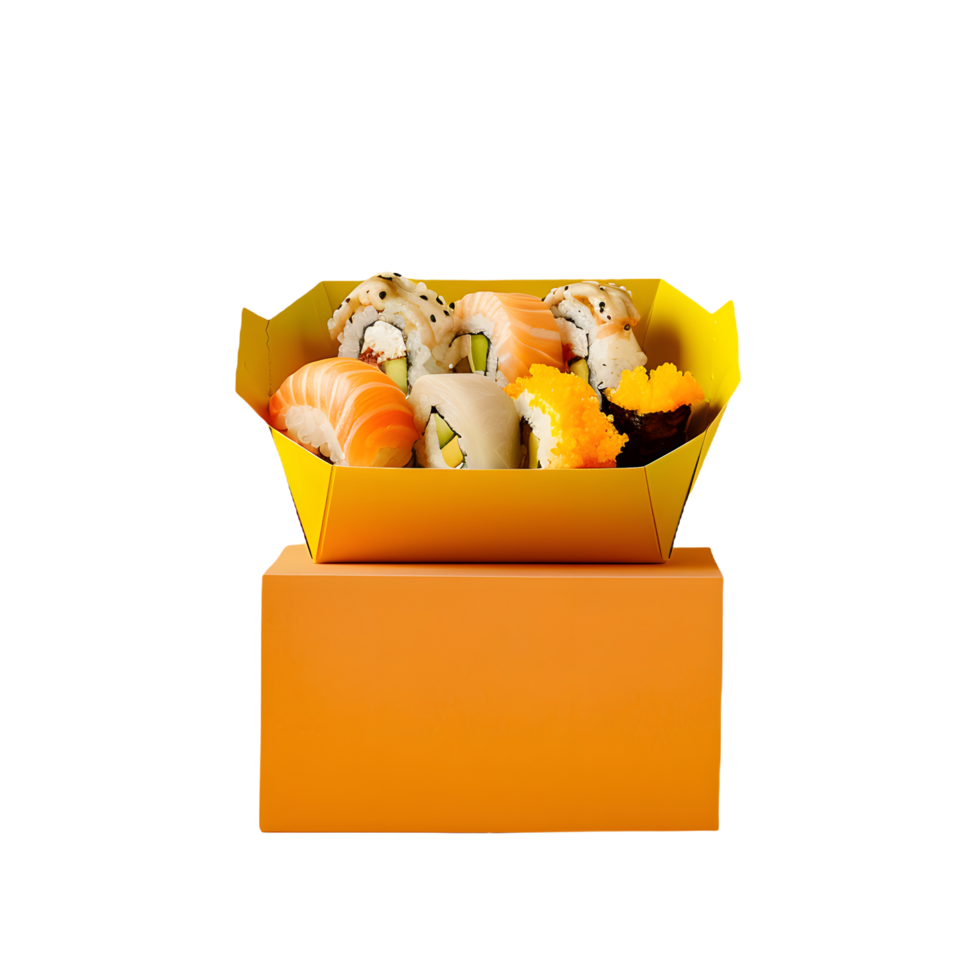 a box with sushi and other food items in it png