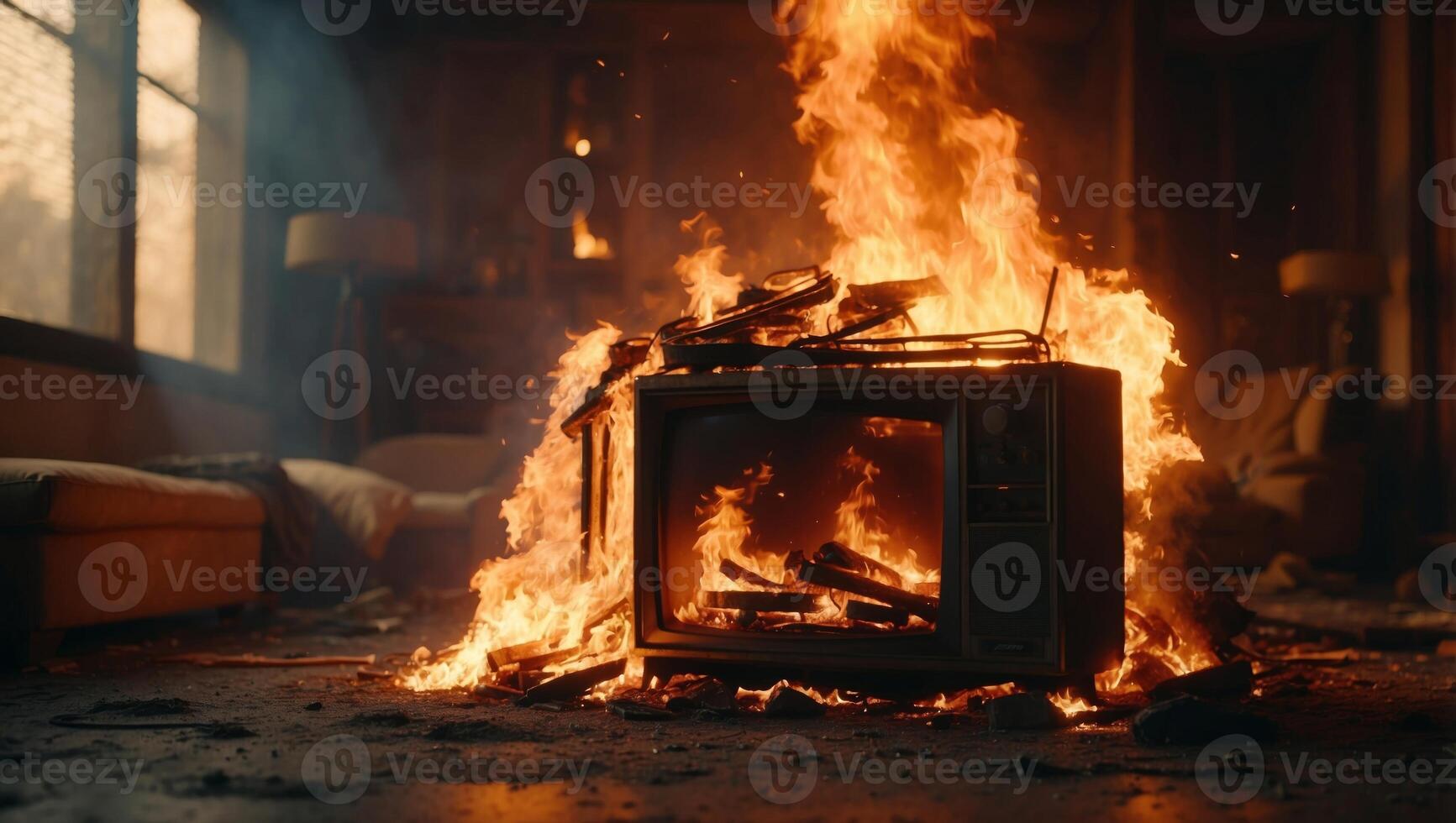 Fiery destruction as a television burns in flames at a home, a catastrophic scene. photo