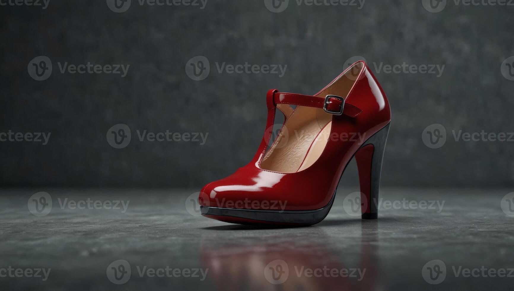 Feminism reigns concept Close up of dark red varnished shoe on gray background Text space Banner style Studio shot. photo