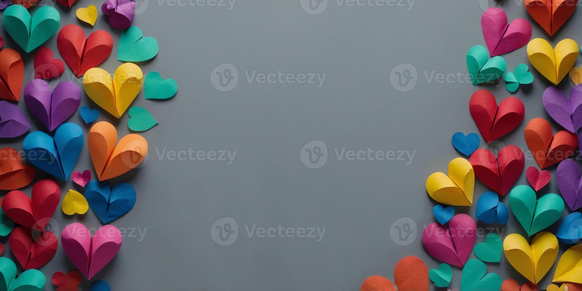 Frame made of colorful paper hearts on grey background LGBT concept. photo