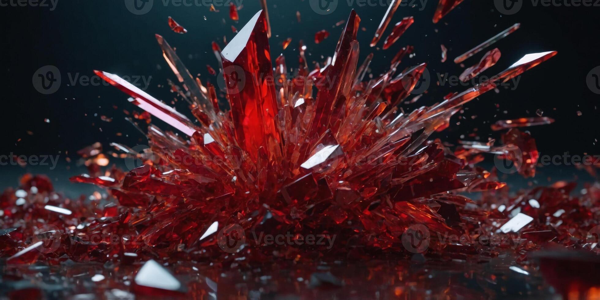 Explosion of red glass and crystal shards Breaking glass falling, futuristic abstracts background reddish glow. photo