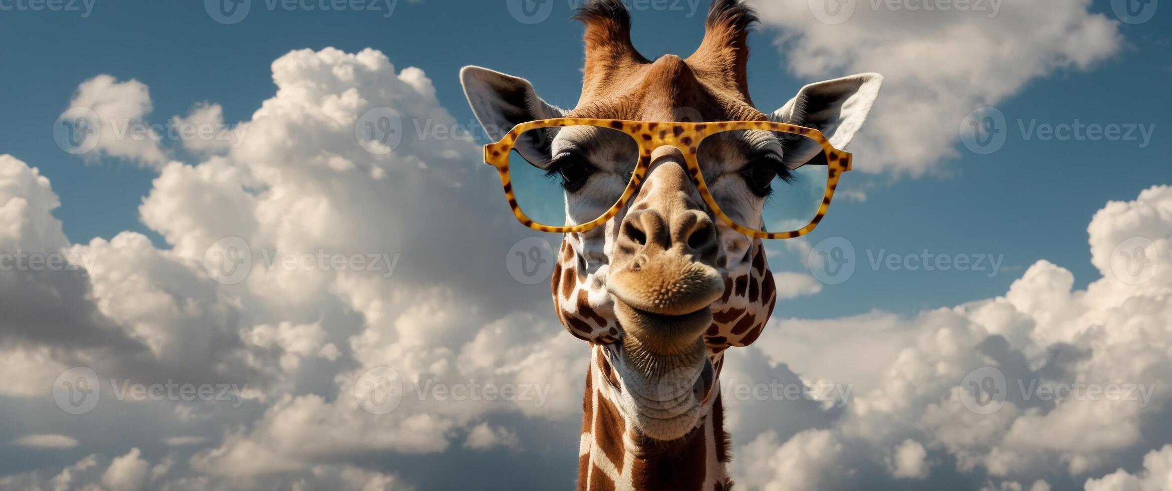 Funny giraffe with sunglasses coming out of the clouds. photo