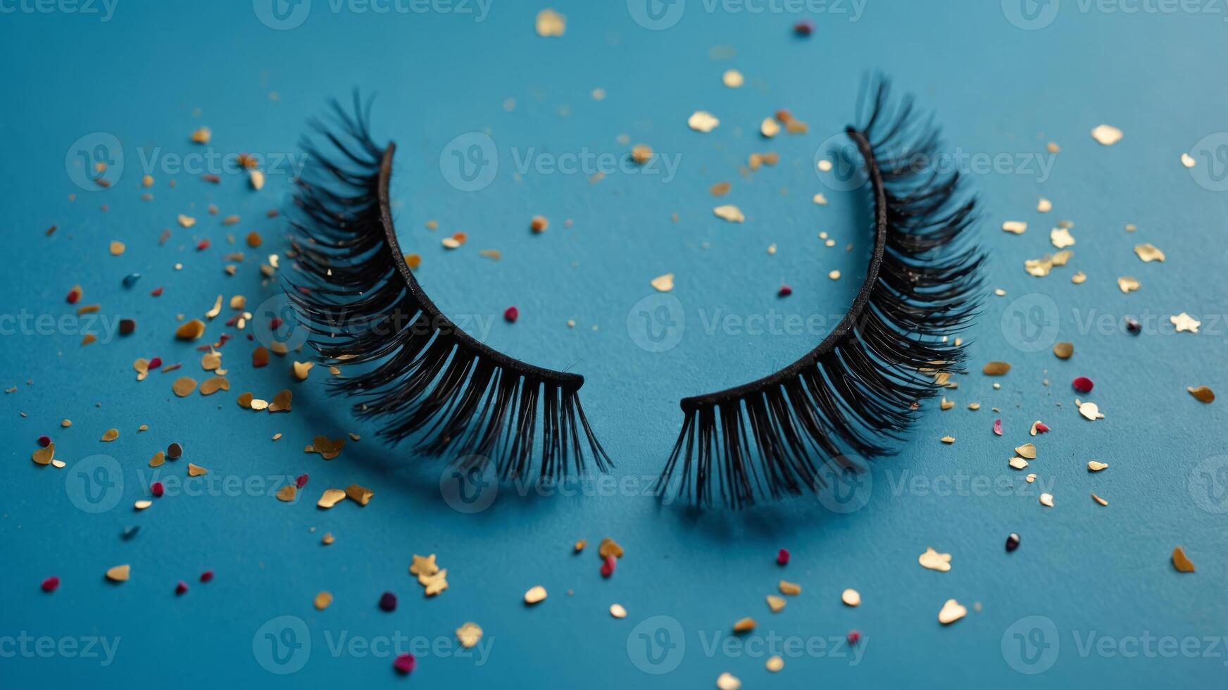 False eyelashes with tears made of confetti on blue background Flat lay, top view. photo