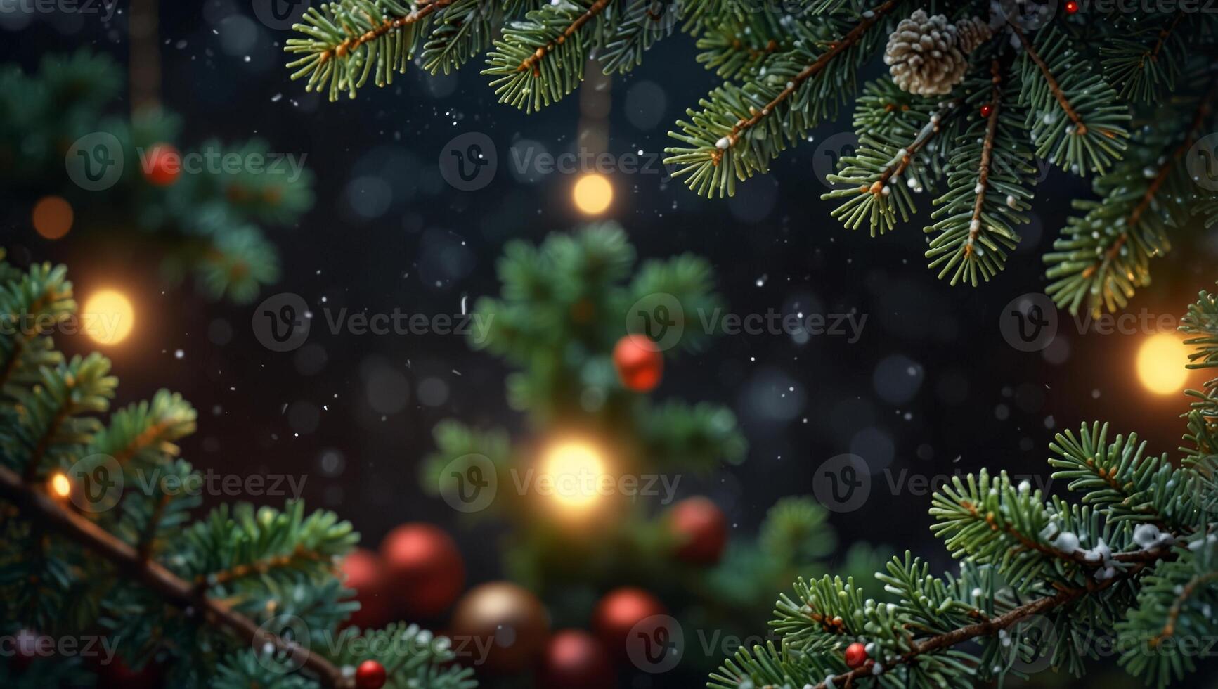 Festive christmas background with spruce branches, snowflakes frame, and text space. photo