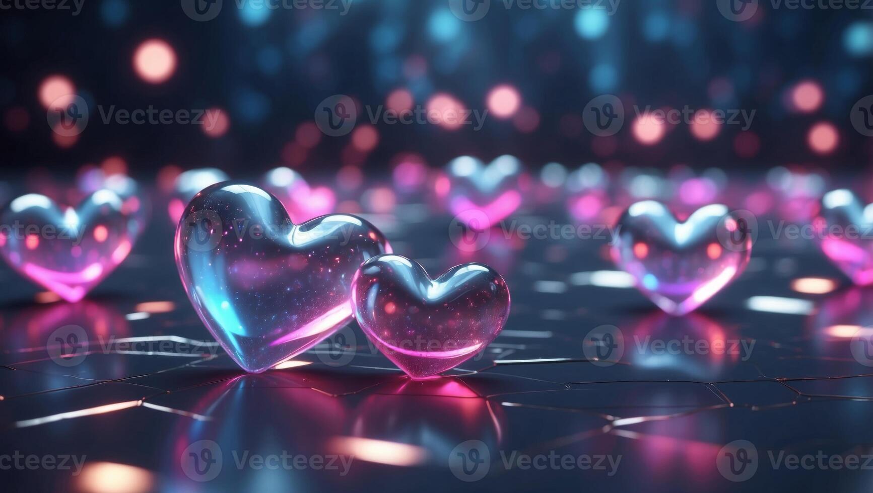 Futuristic Minimal Design Holographic Hearts Floating in a Sleek Virtual Space. photo