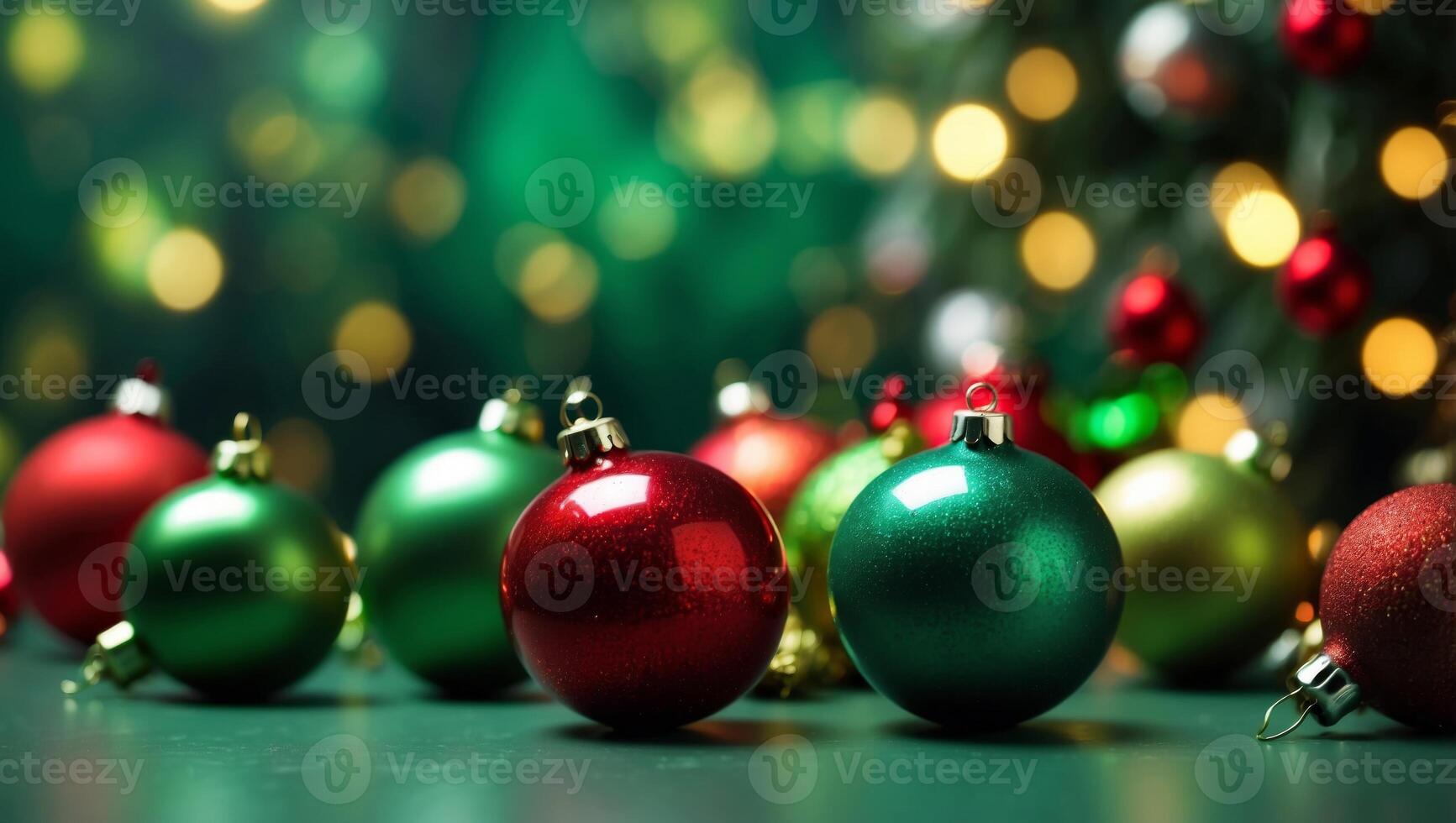 Festive christmas and new year ornaments on green background with space for text. photo