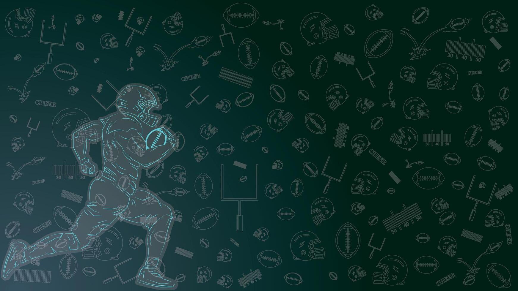 american football player in outline white isolated in dark green running for victory grip the ball, with icon american football background vector