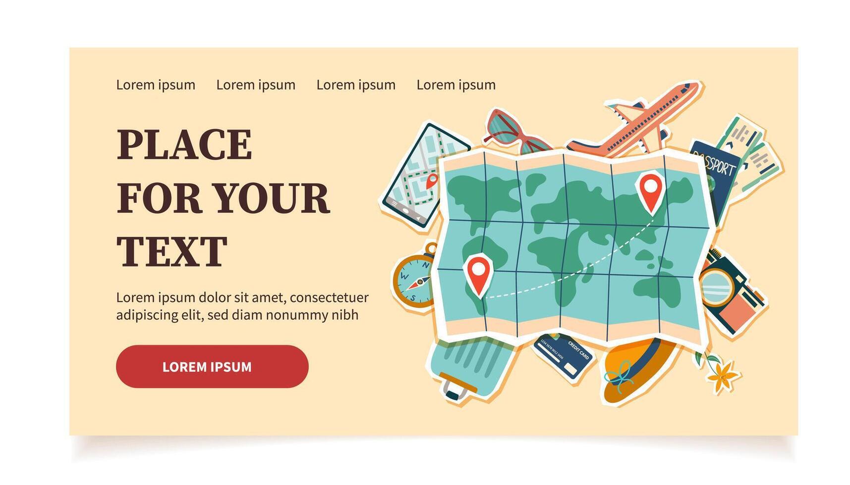 Summer vacation plane ticket. Summer and travel concept. Travel banner with map and travel elements. Summer travel destinations. vector