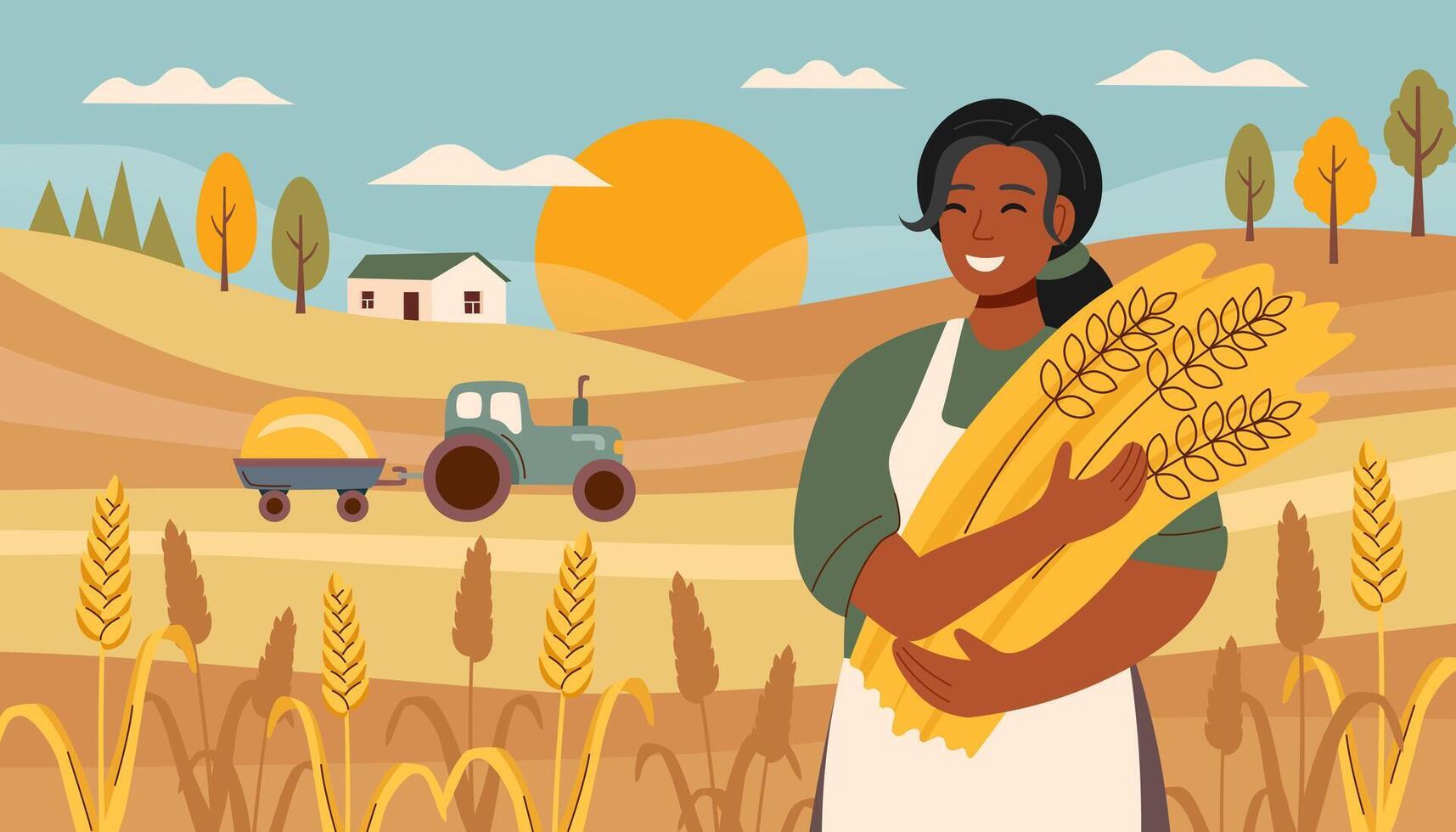 Harvest festival banner. Happy harvest poster. Autumn, harvest and Thanksgiving concept. Bread concept. Woman with wheat in the background of the field. vector