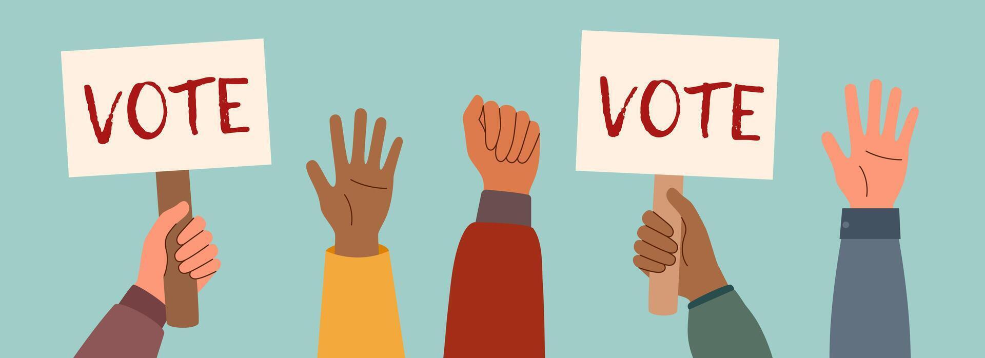 Election campaign. Vote banner. Democracy vote. Voting concept. Human hands with vote banners. vector