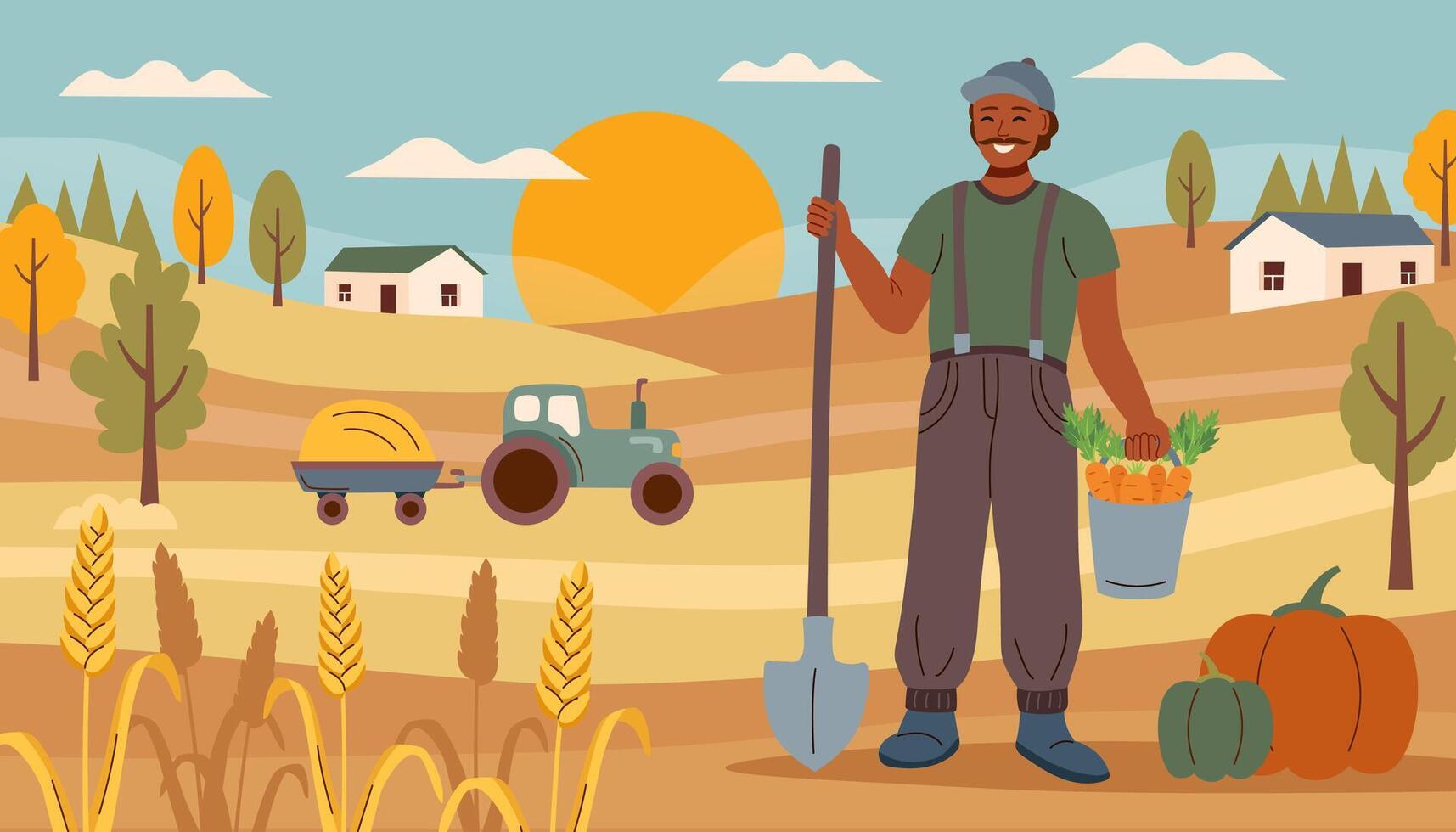 Harvest festival banner. Happy harvest poster. Autumn, harvest and Thanksgiving concept. Bread concept. Woman with harvest in the background of the field. vector