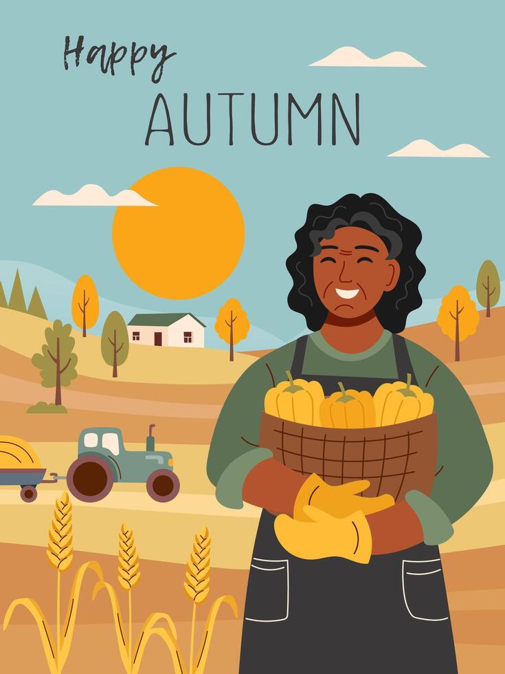 Harvest festival card. Happy harvest poster. Autumn, harvest and Thanksgiving concept. Woman with harvest in the landscape background. vector