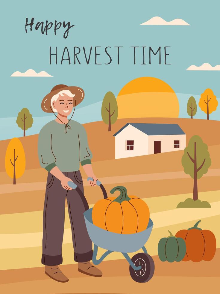 Harvest festival card . Happy harvest poster. Autumn, harvest and Thanksgiving concept. Man with cart with big pumpkin. vector