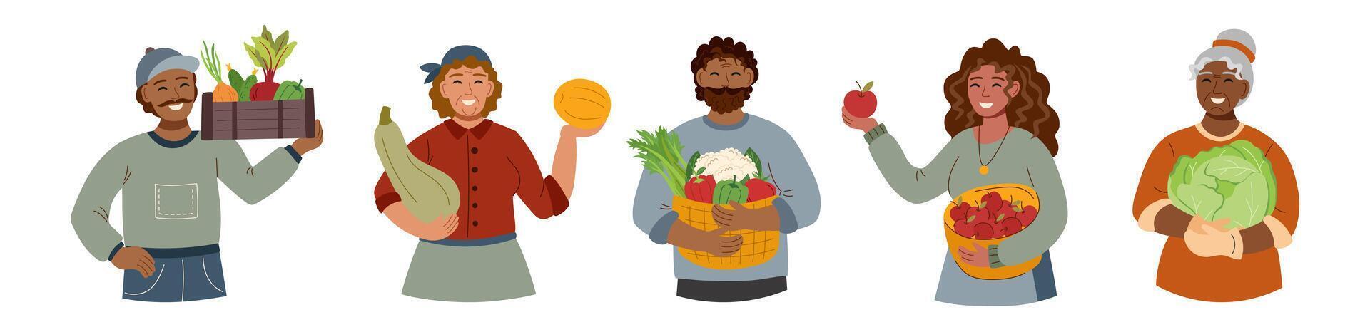 Set of people with harvest in flat style isolated on white. Harvest, autumn, Thanksgiving concept. vector
