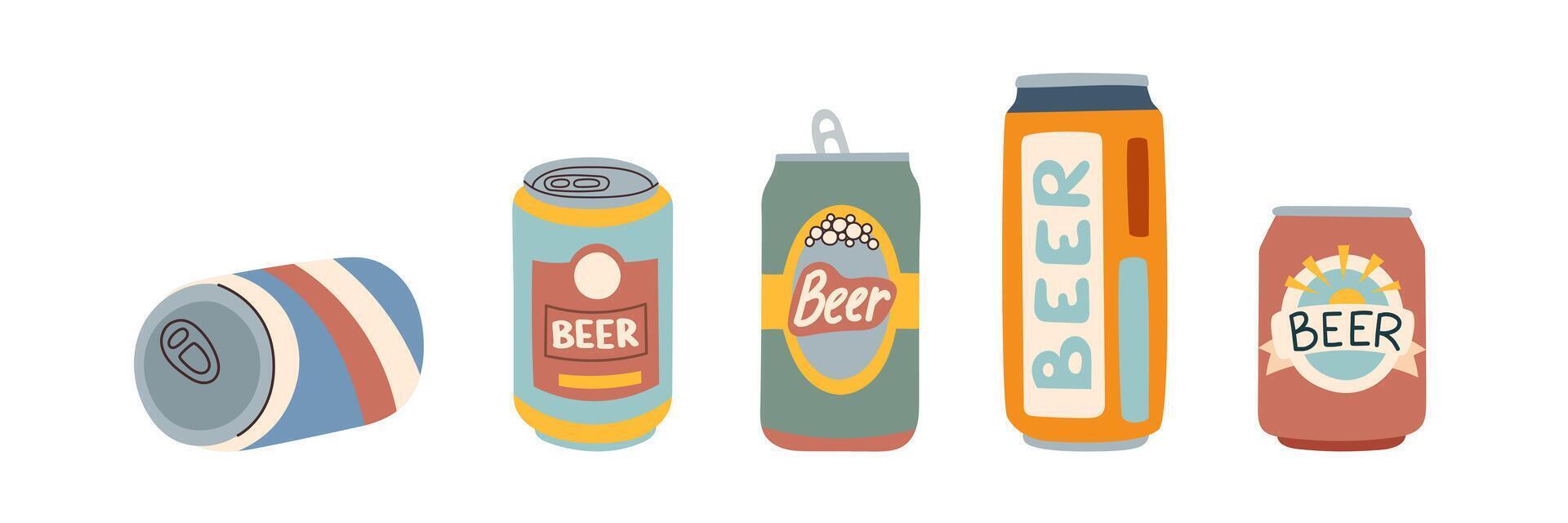 Set of beer cans isolated on white background. Oktoberfest concept. Drinks concept. Holiday concept. vector