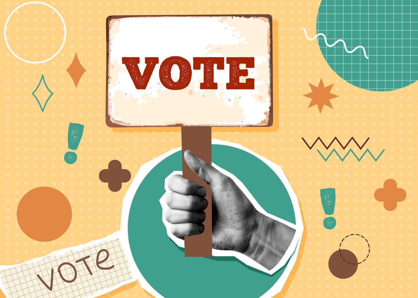 HaCollage in nostalgia style. Election campaign. Vote banner. Democracy vote. Voting concept. Human hand with vote banner. vector