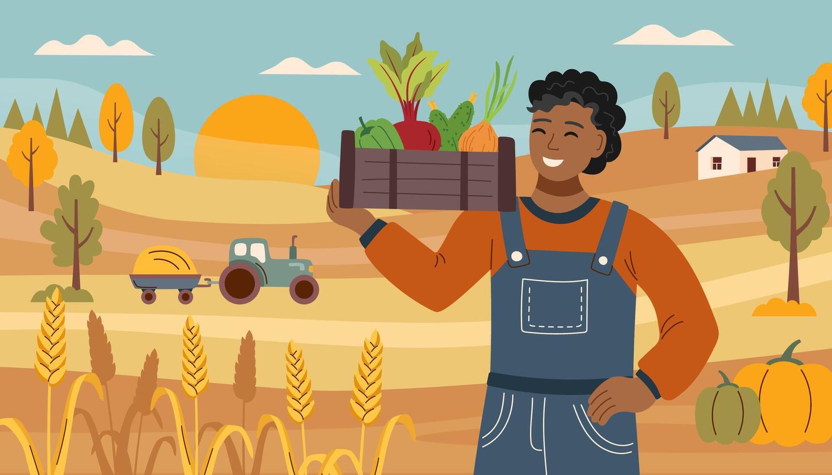 Harvest festival banner. Happy harvest poster. Autumn, harvest and Thanksgiving concept. Man with box of vegetables in the background of the field. vector
