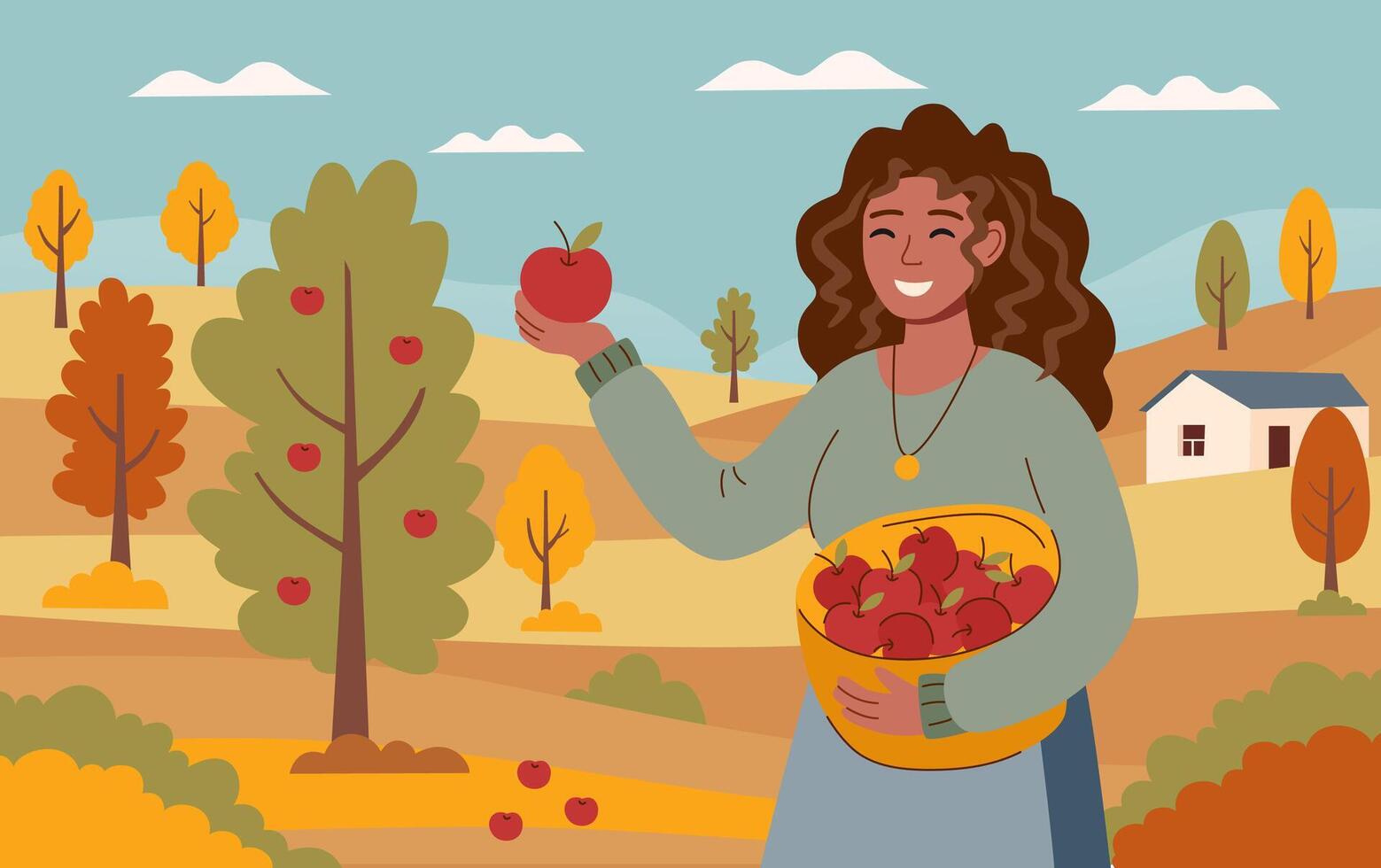 Harvest festival banner. Happy harvest poster. Autumn, harvest and Thanksgiving concept. Woman with basket of apples, picking apples at the nature. vector