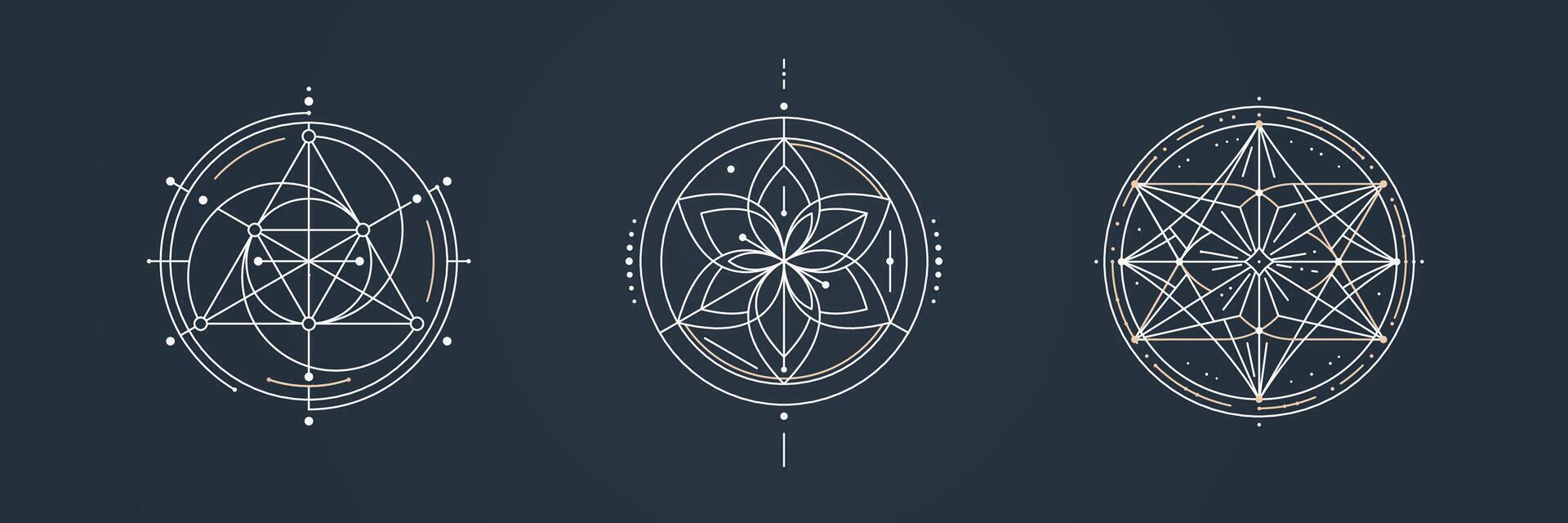 Set of sacred geometry logo featuring intricate thin lines. Floral and star shape. Mystical aesthetic. illustration for logo, tattoo, print design vector