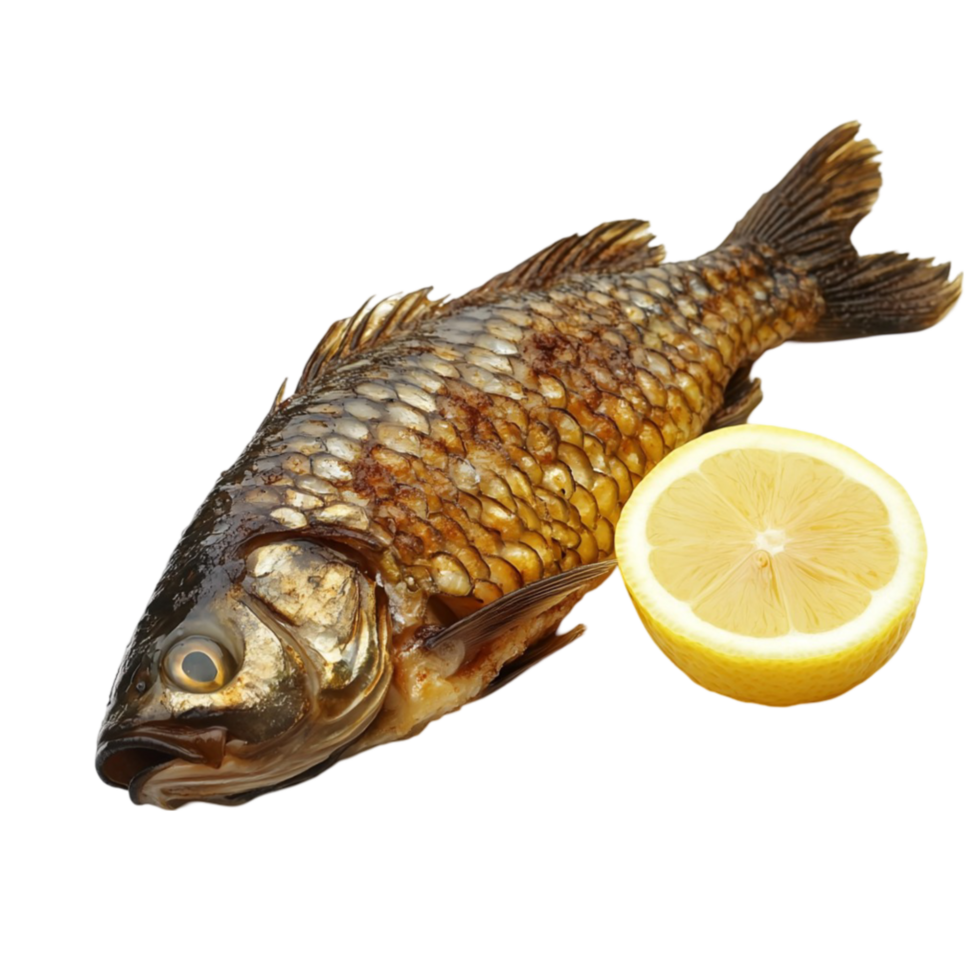Two Raw Fish with Lemons on Plate Isolated Transparent Background. png
