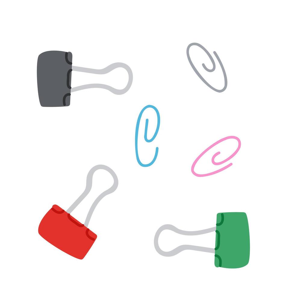 Colored stationary pin set. Traditional kids craft art supplies, creative hobby accessories, top view. Flat illustration isolated on white background vector