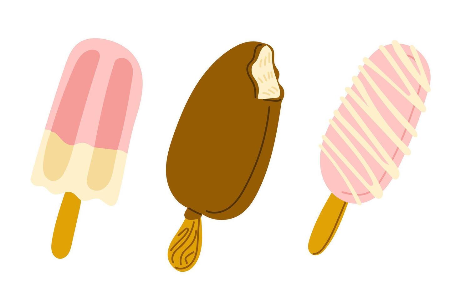 Flat Ice creams on sticks in flat style. Summer vacation illustration with sorbet, chocolate and glazed ice cream isolated on white background. Good for decoration, stickers and logo vector