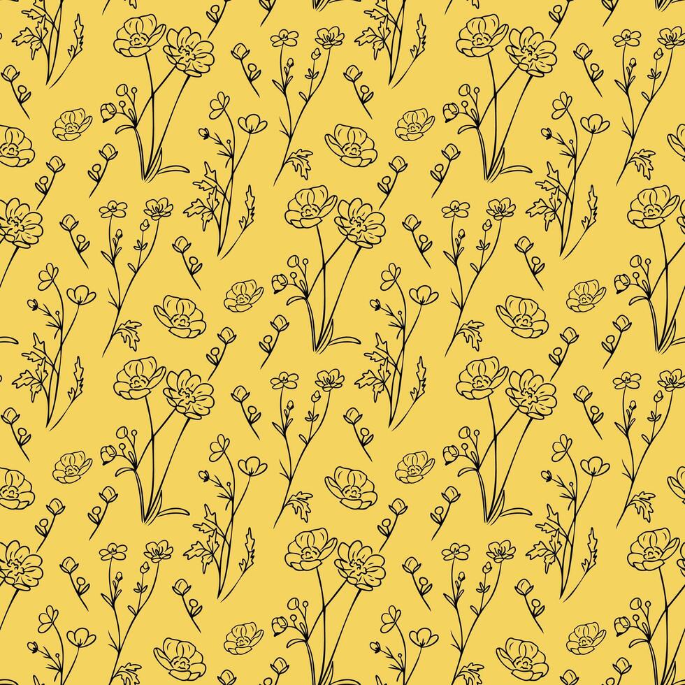 Seamless pattern with contour doodle buttercups. Summer hand drawn illustration on yellow background. Best for wrapping, textile, paper, wallpaper, background vector