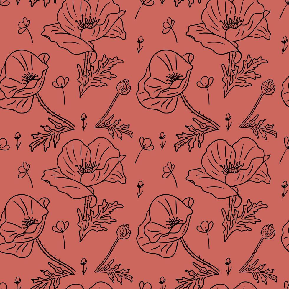 Seamless pattern with contour doodle poppies. Summer hand drawn illustration on red background. Best for wrapping, textile, paper, wallpaper, background vector