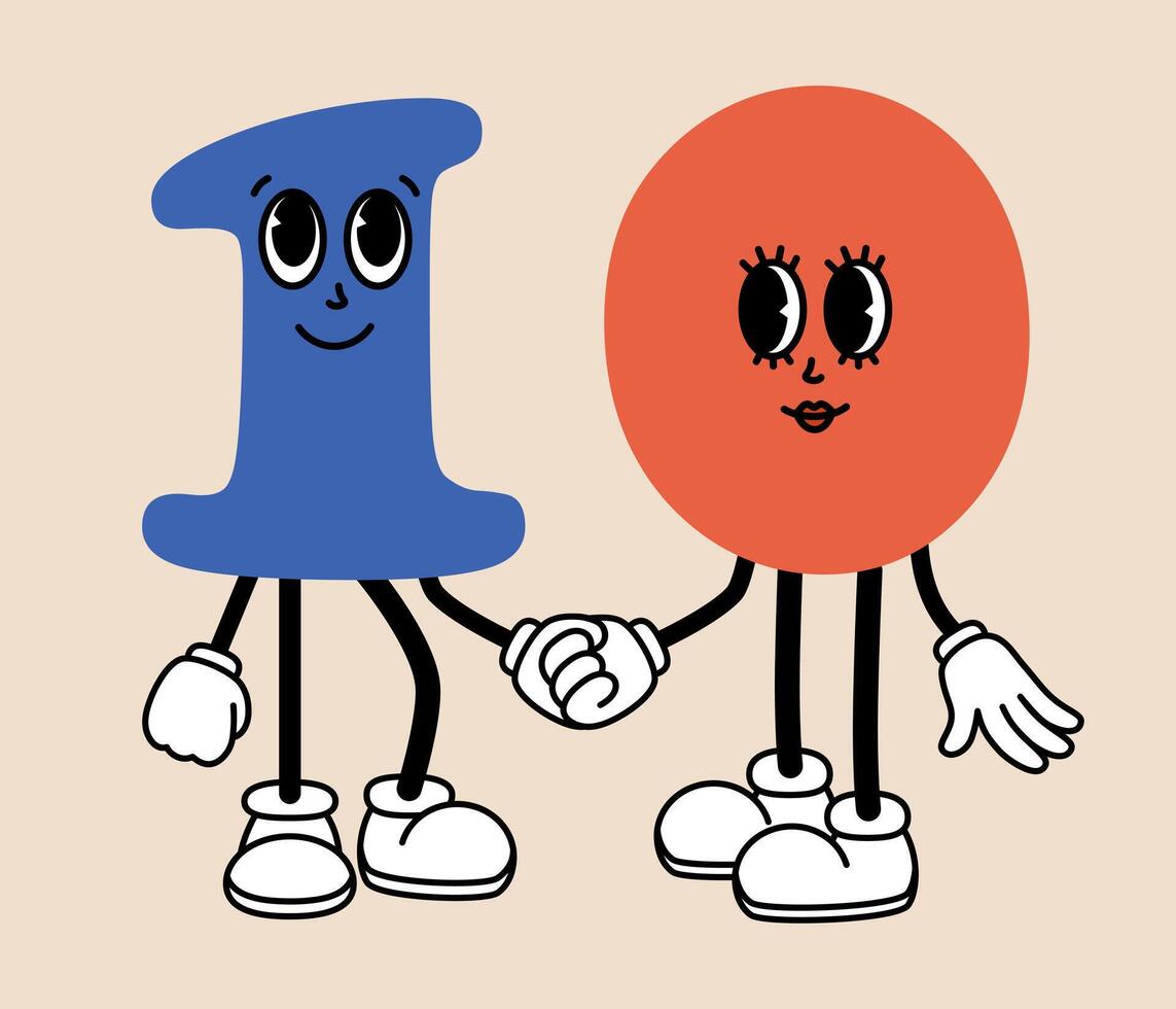 Groovy number 10 cartoon character. Funny retro number ten mascot with face emotions, hands and legs. Fun mathematic sticker. Comic element in trendy retro cartoon style. illustration vector