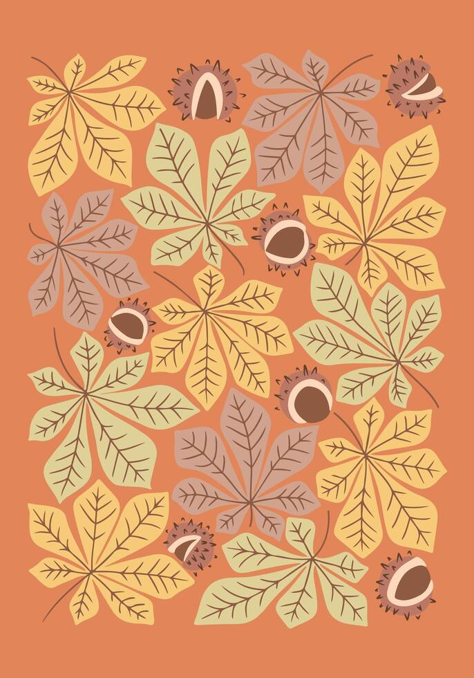Vintage botanical mid century poster or art print with chestnut leaves and nut. Hippie 60s, 70s style. Isolated leaves in nostalgic style vector
