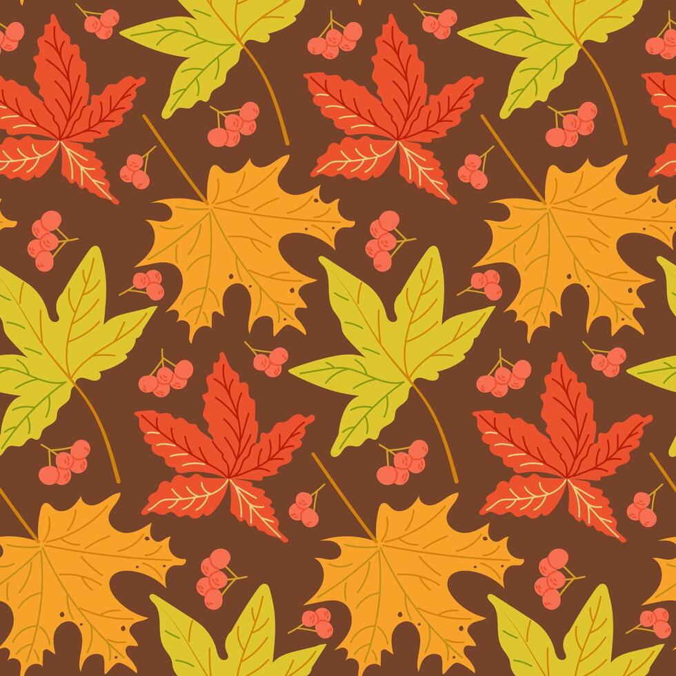 Autumn seamless pattern with colored maple leaves and red berries. Hand drawn flat style. Simple botanical illustration on dark background. Perfect for textile and wrapping. Dark theme vector