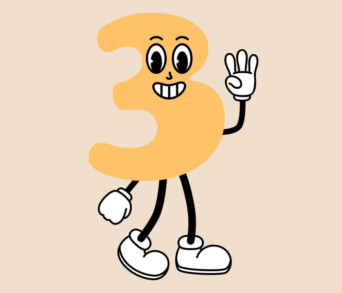 Groovy number 3 cartoon character. Funny retro number three mascot with face emotion, hands and legs. Fun mathematic sticker. Comic element in trendy retro cartoon style. illustration vector