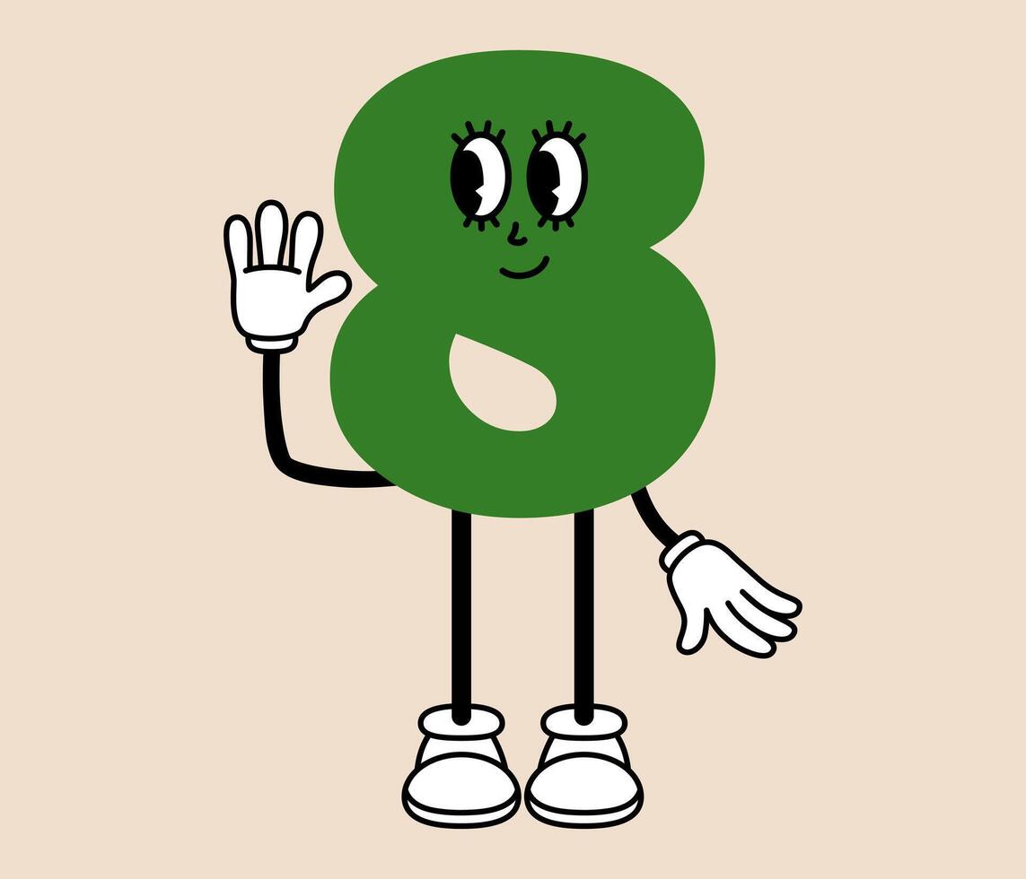 Groovy number 8 cartoon character. Funny retro number eight mascot with face emotion, hands and legs. Fun mathematic sticker. Comic element in trendy retro cartoon style. illustration vector