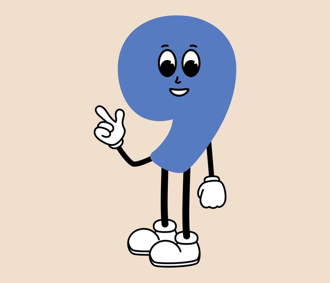 ‎٩( ᐛ )و Groovy number 9 cartoon character. Funny retro number nine