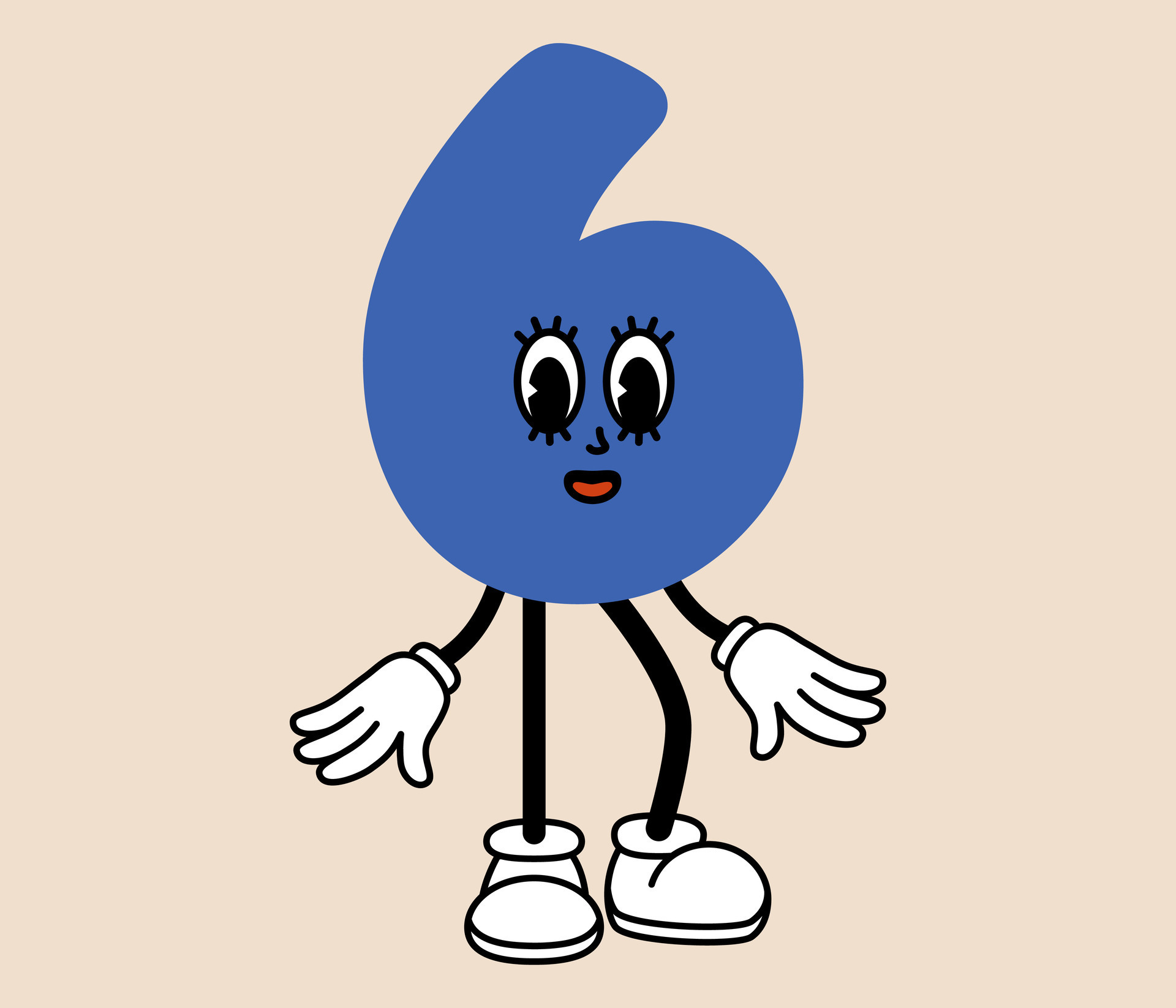Groovy number 6 cartoon character Funny retro number six mascot with