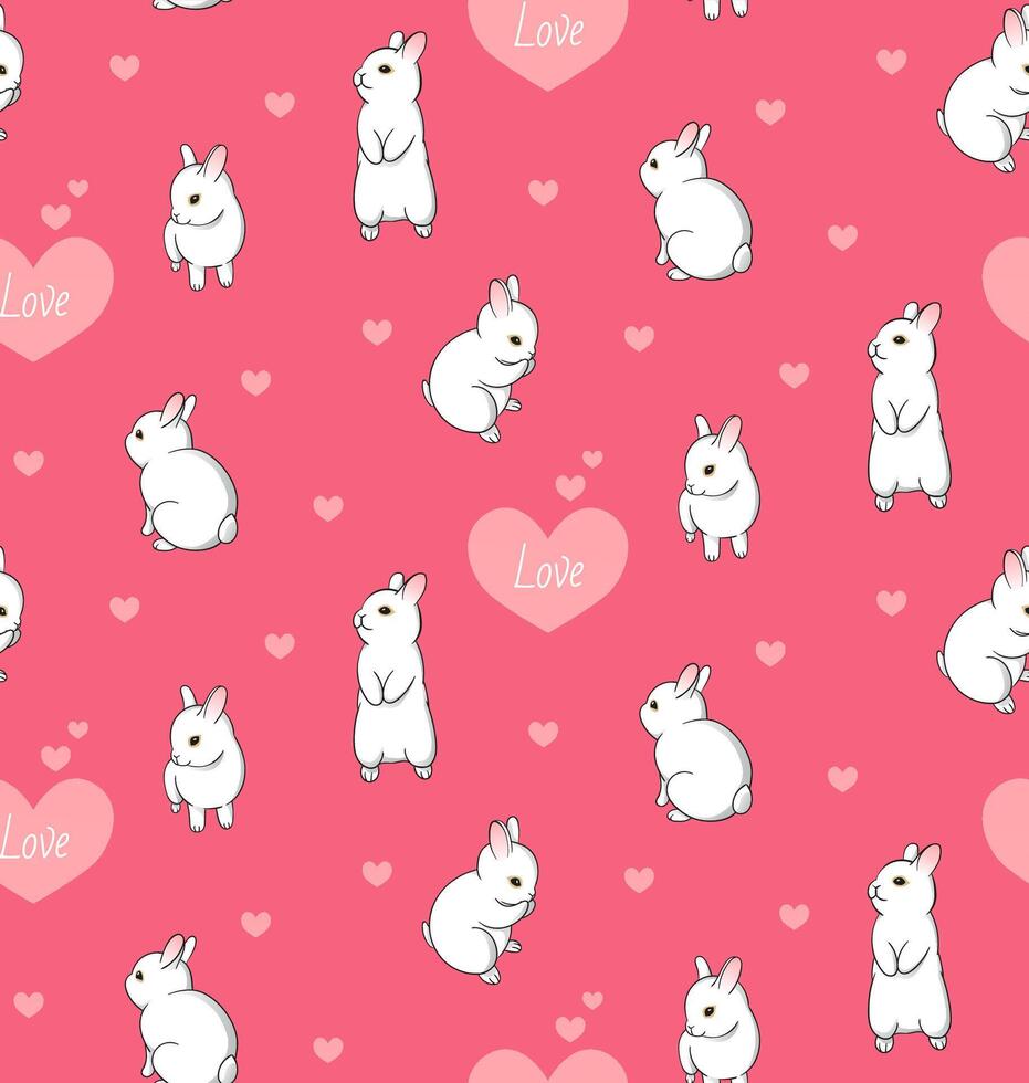 Pattern with cute little white bunnies and hearts on pink background. Rabbit illustration for textile or fabric design vector