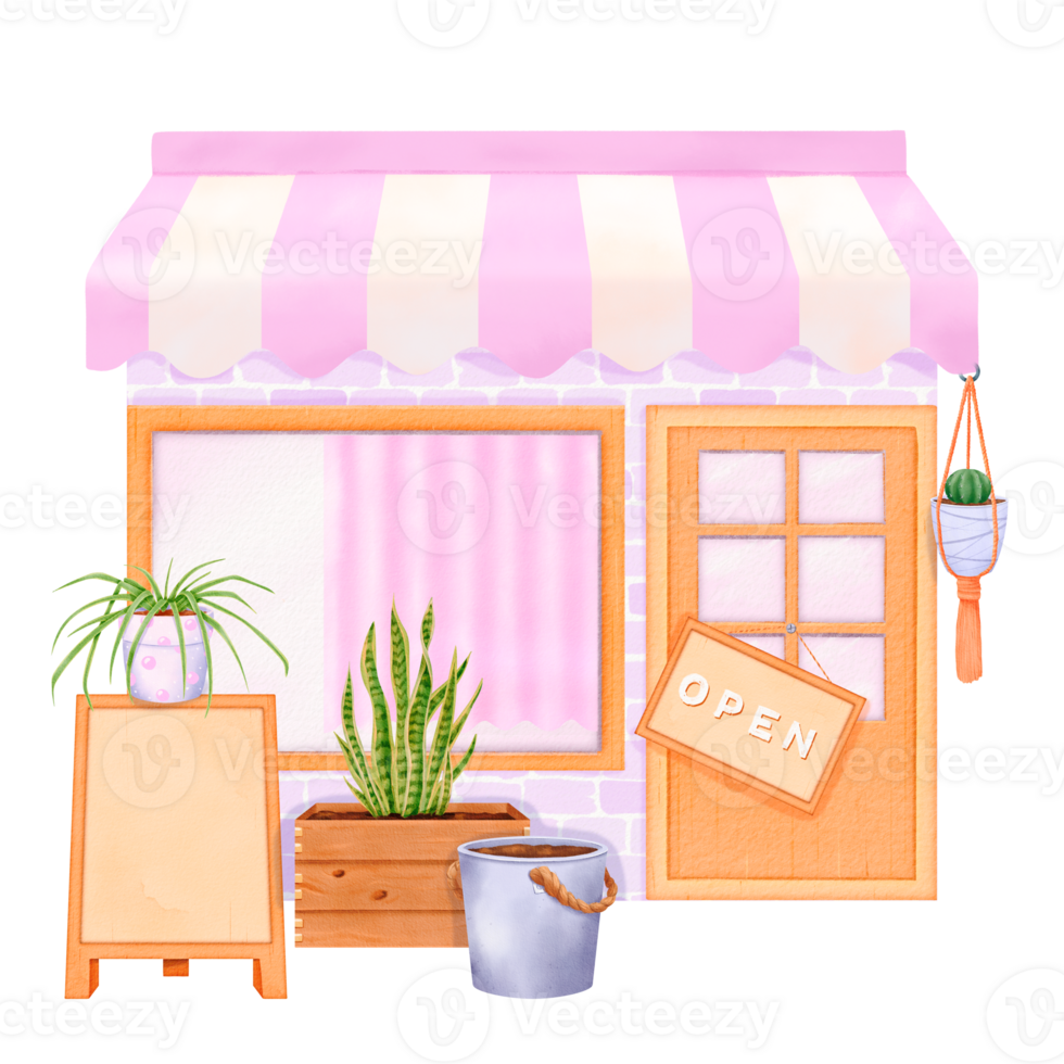 Charming Flower Shop featuring a Pink Awning and a Variety of Plants Stock Image png