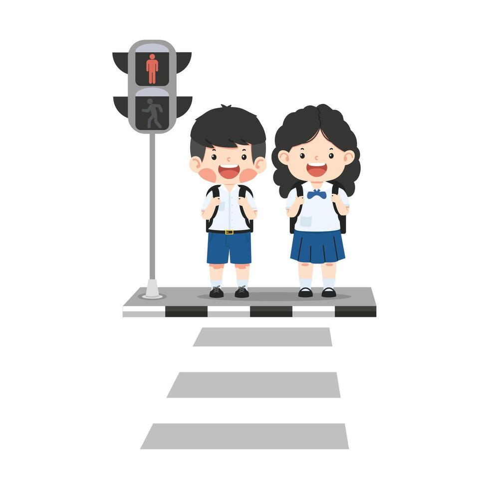 Children are waiting for a green traffic light signal vector