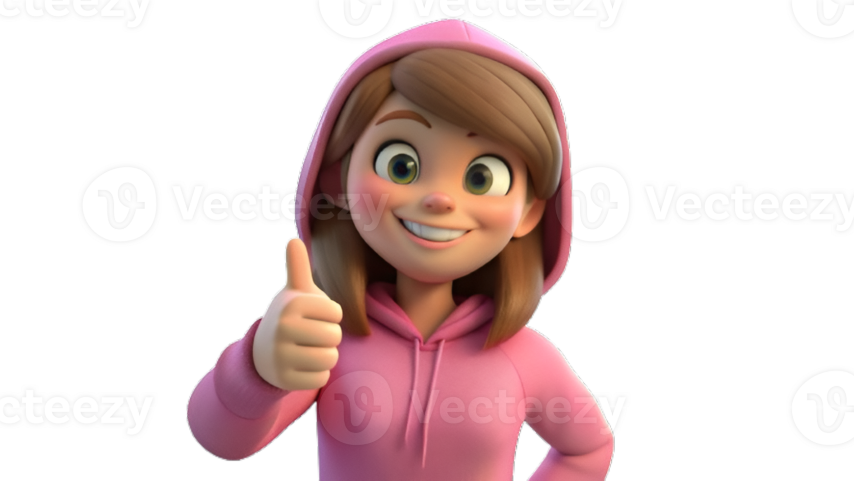 Happy smiling cartoon character young adult woman person in pink hoodie showing thumb up gesture in 3d style png