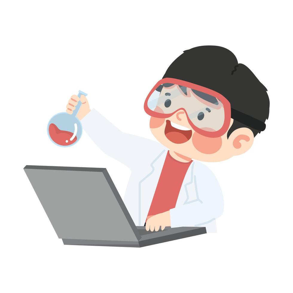 Young scientist is using a computer and pointing vector